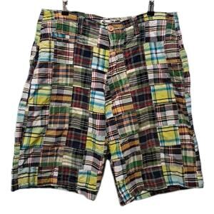Plugg Madras Plaid Patchwork Bermuda Chino Shorts Mens 36 100% Cotton Preppy